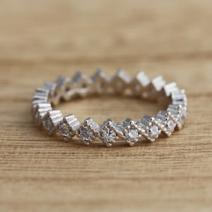 925 Sterling Silver CZ Eternity Band Ring: Zig Zag Design Stacking Ring