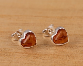 Natural Cognac Baltic Amber 925 Sterling Silver Love Heart Shaped Stud Earrings Gift Boxed