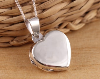 925 Sterling Silver Plain Flat Heart Photo Locket Pendant Necklace Curb Chain