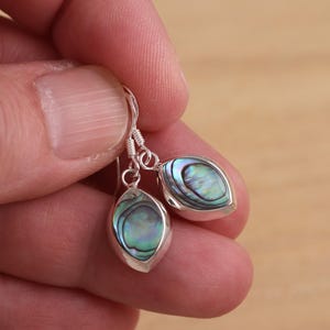 Peut inclure: Boucles d'oreilles en argent avec des inserts en coquillage d'ormeau irisé. Les coquillages en forme de goutte d'eau présentent des teintes bleues, vertes et violettes. Les boucles d'oreilles sont tenues par des doigts sur un fond flou.