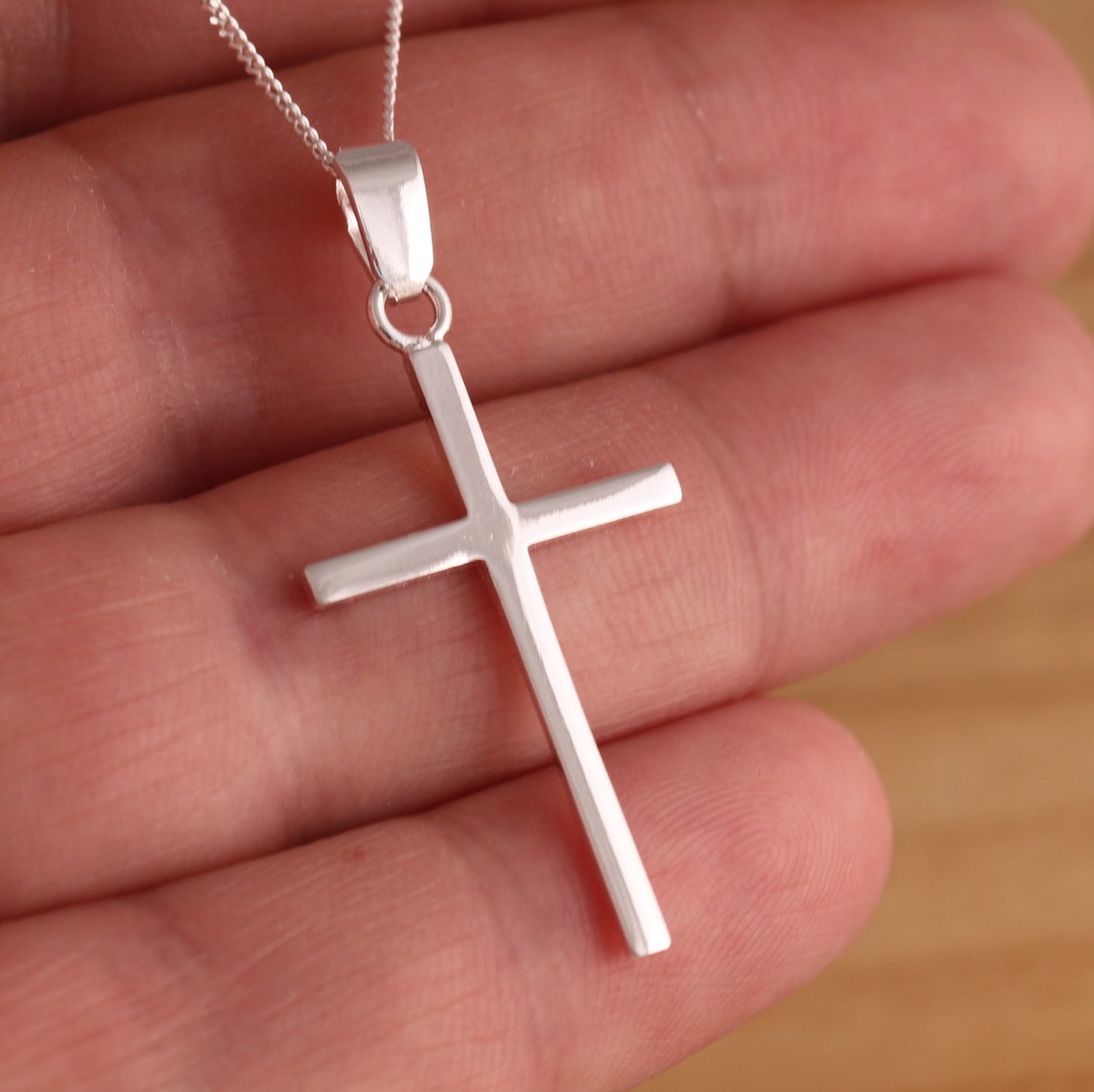 Solid 925 Sterling Silver Plain Cross Crucifix Pendant Necklace Curb ...