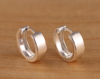 925 Sterling Silver 15mm x 5mm Plain Huggie Hoop Earrings Men&#39;s Ladies Jewellery Gift Boxed