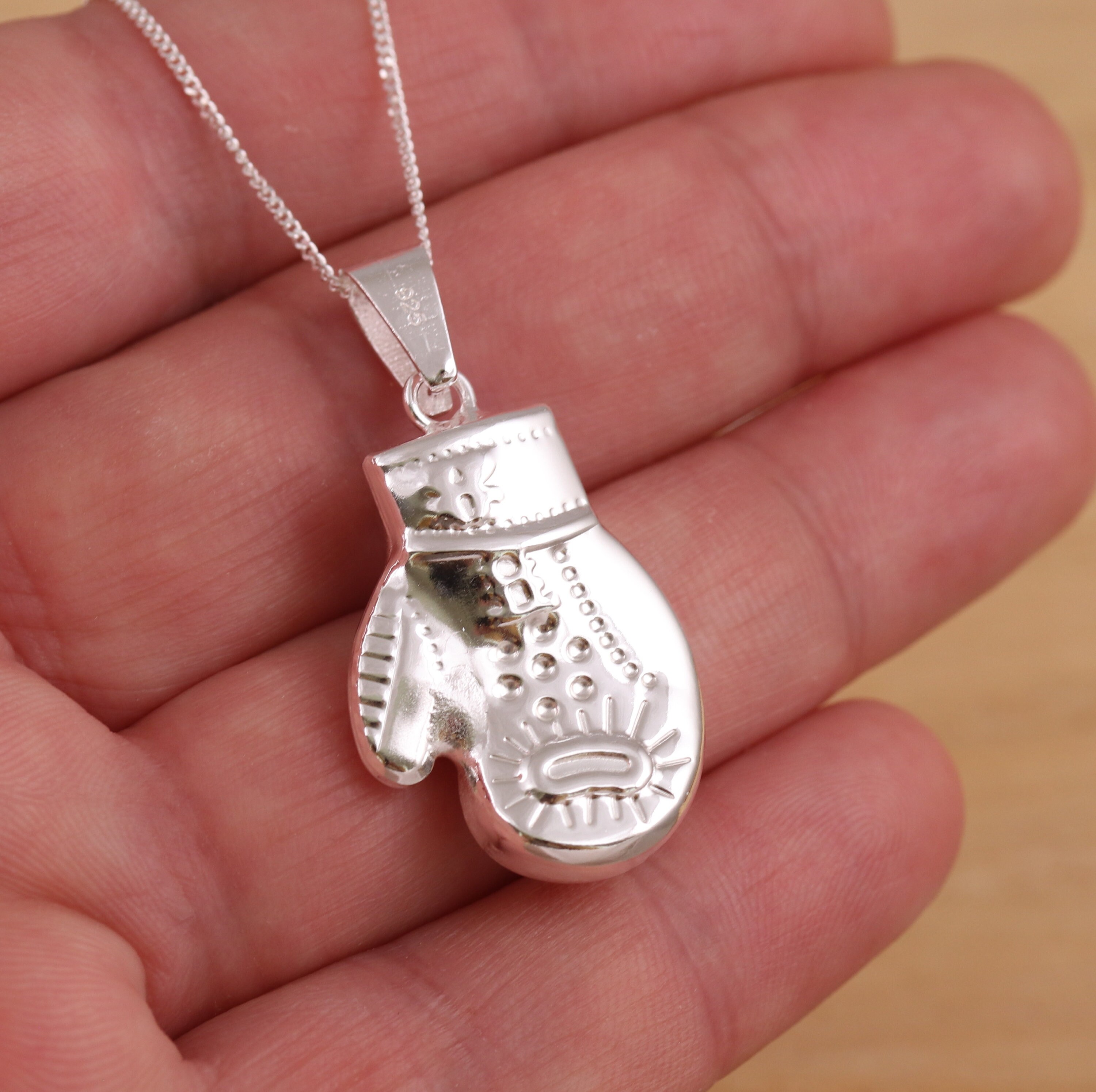 Sterling Silver 3D Boxing Glove Charm On 18-inch Rope Chain Necklace