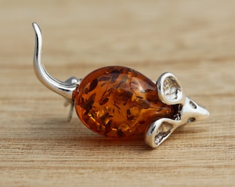 Baltic Amber 925 Sterling Silver Mouse Brooch Pin Jewellery Gift Boxed