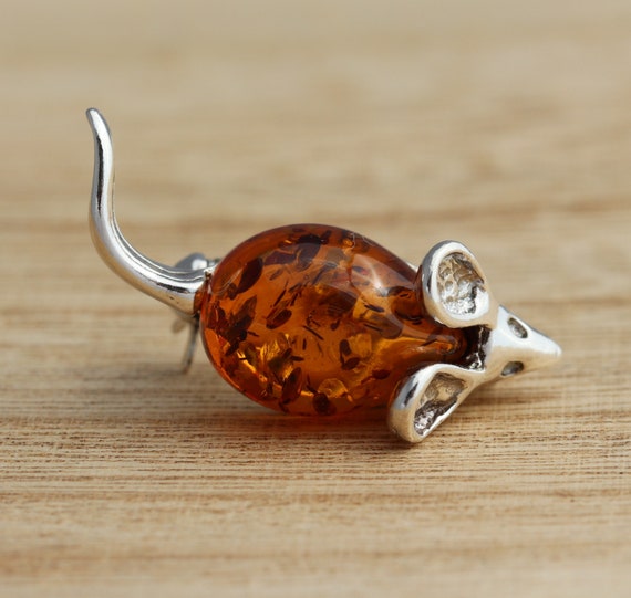 Broche rose en argent sterling et ambre de la Baltique vert olive - France