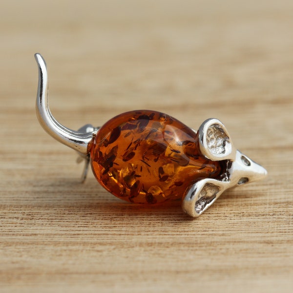 Baltic Amber 925 Sterling Silver Mouse Brooch Pin Jewellery Gift Boxed
