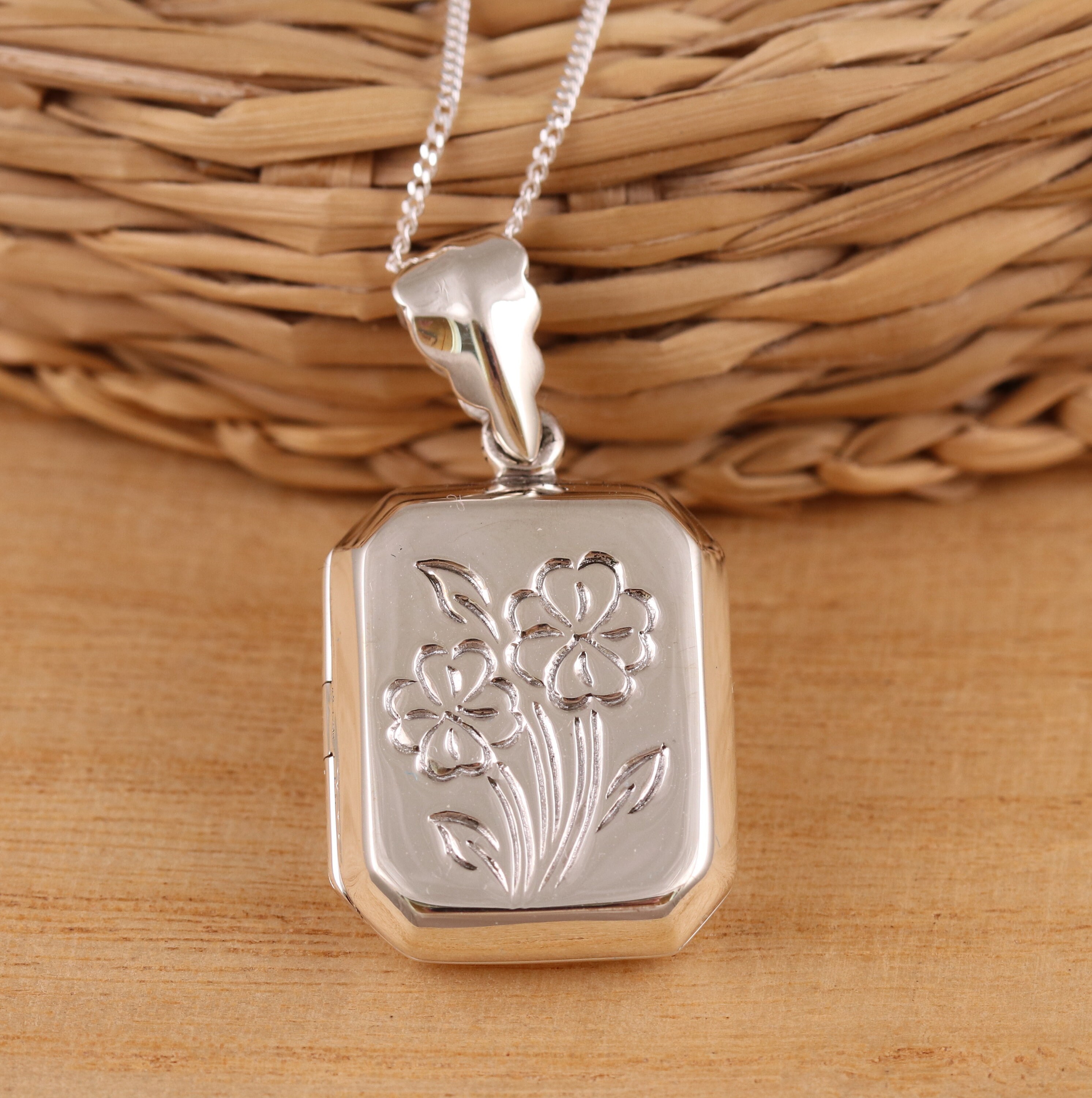 925 Sterling Silver Rectangular Engraved Photo Locket Pendant Necklace – Adjustable Chain (16-30") – Gift Boxed