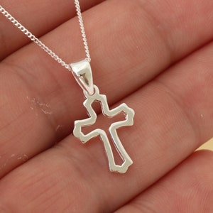 Solid 925 Sterling Silver Plain Small Cross Pendant Charm Curb Chain Necklace Christening Gift Jewellery Gift Boxed