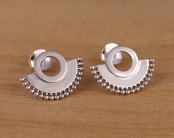 Solid 925 Sterling Silver Fan Shaped Beaded Stylish Elegant Stud Earrings Gift Boxed