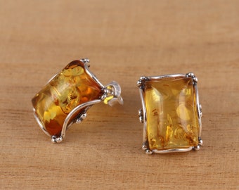 Rectangular Cognac Baltic Amber 925 Sterling Silver Earrings Gift Boxed