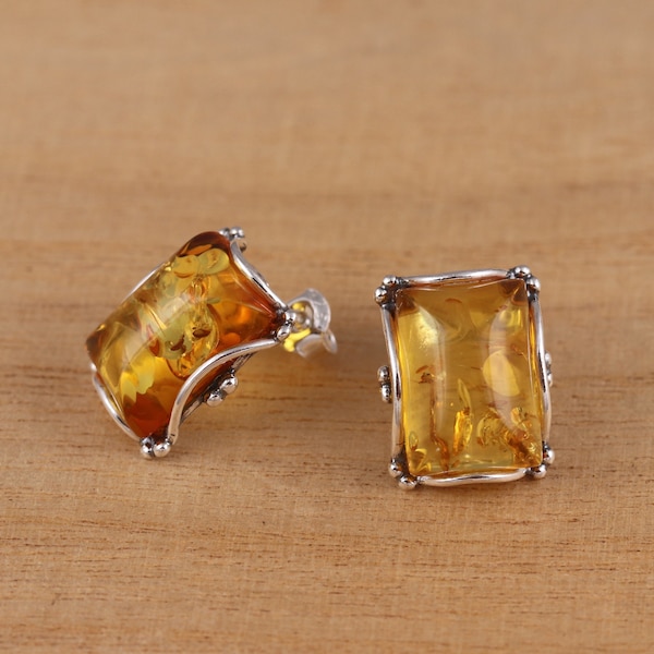 Rectangular Cognac Baltic Amber 925 Sterling Silver Earrings Gift Boxed