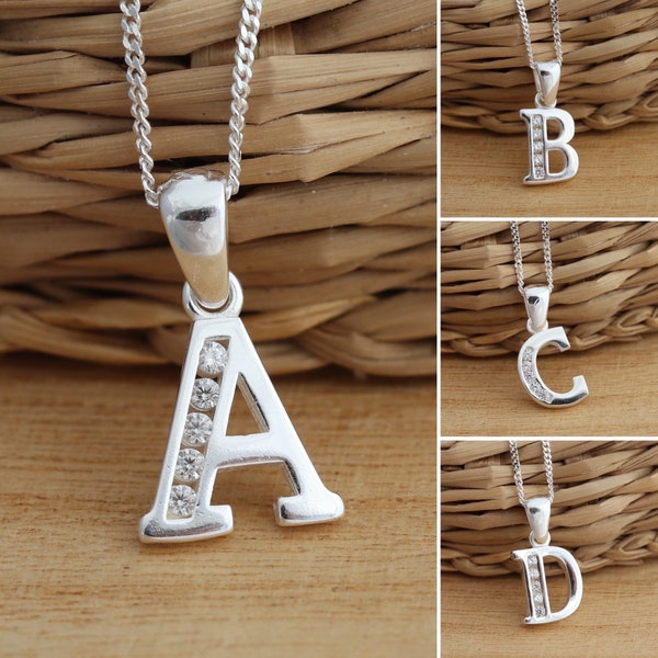 Argent sterling massif 925 lettre CZ initiale alphabet AZ pendentif collier à breloques gourmette bijoux dans une boîte cadeau