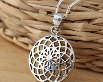 Solid 925 Sterling Silver Flower of Life Pendant Necklace Chain Jewellery Gift Boxed