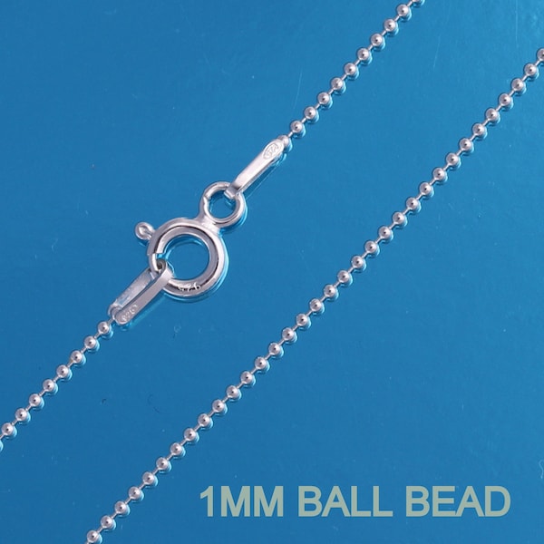 925 Sterling Silver 1mm Bead Ball Chain Necklace 16 18 20 22 24 26 28 30 Inches Solid Sterling Silver Chain