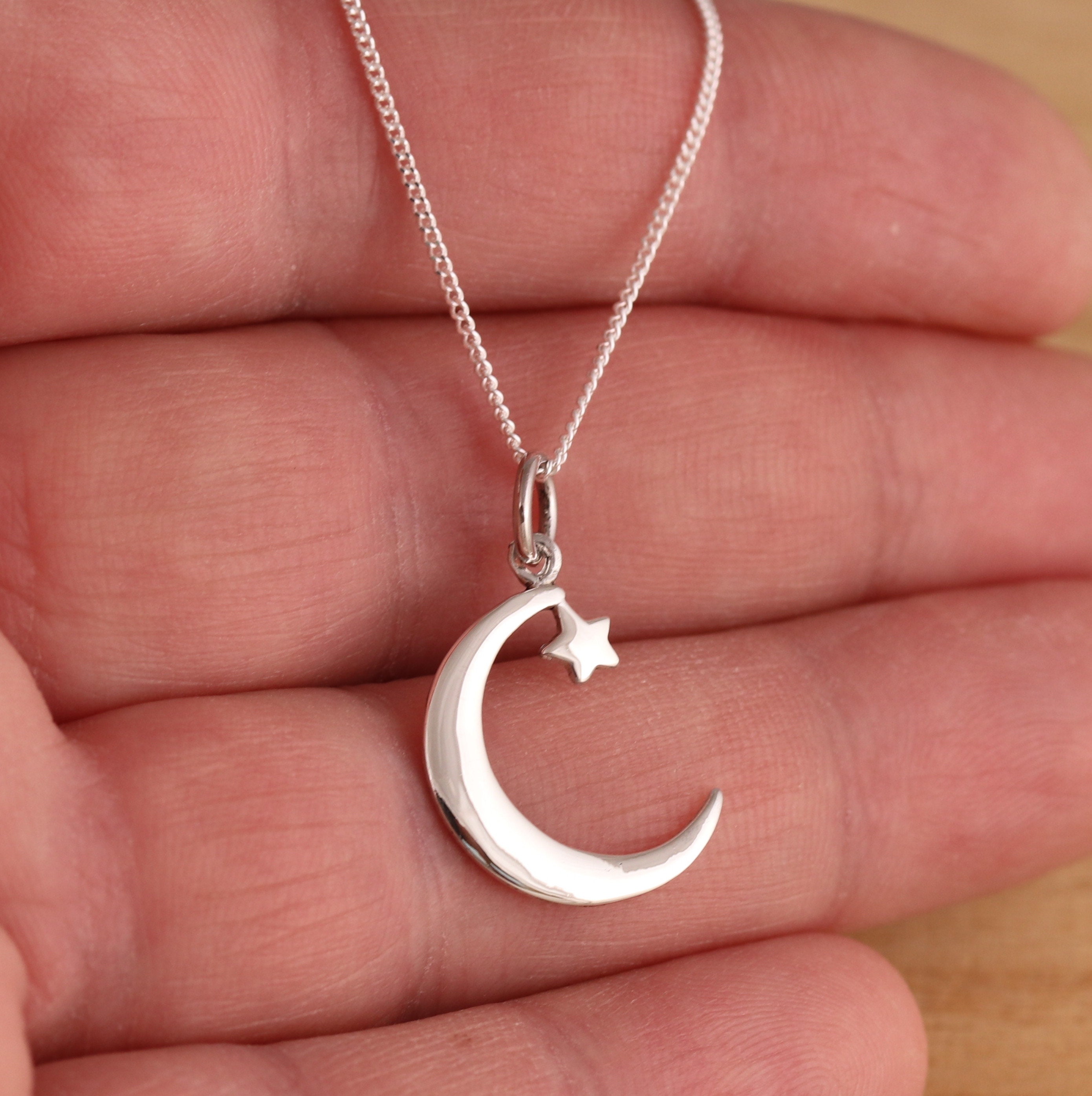 925 Sterling Silver Crescent Moon and Star Pendant Necklace 16-18 Inch ...