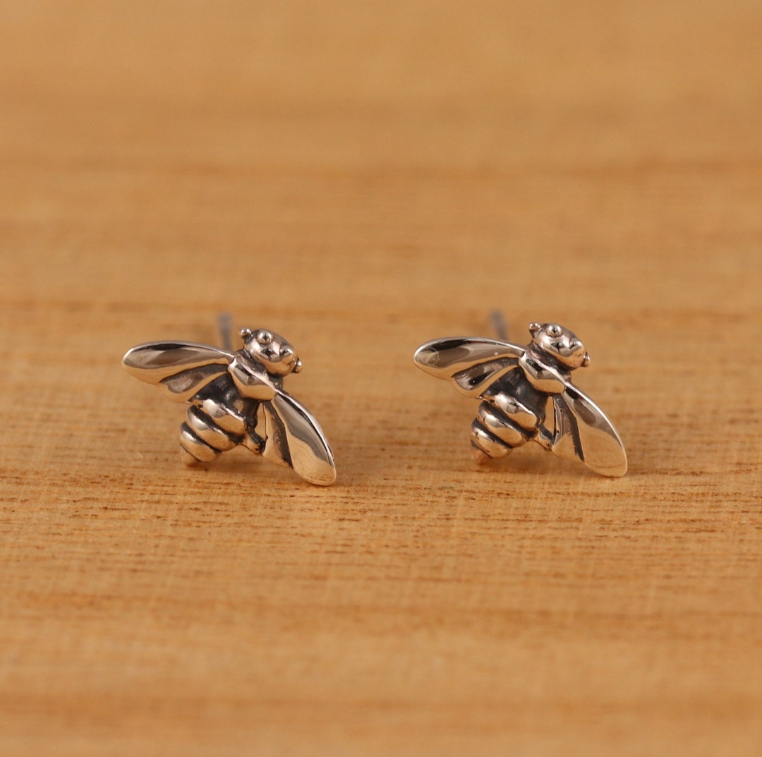 Honey Bumble Bee Stud Earrings Antiqued Sterling Silver Honey Bumble Bee Stud Earrings Antiqued Sterling Silver