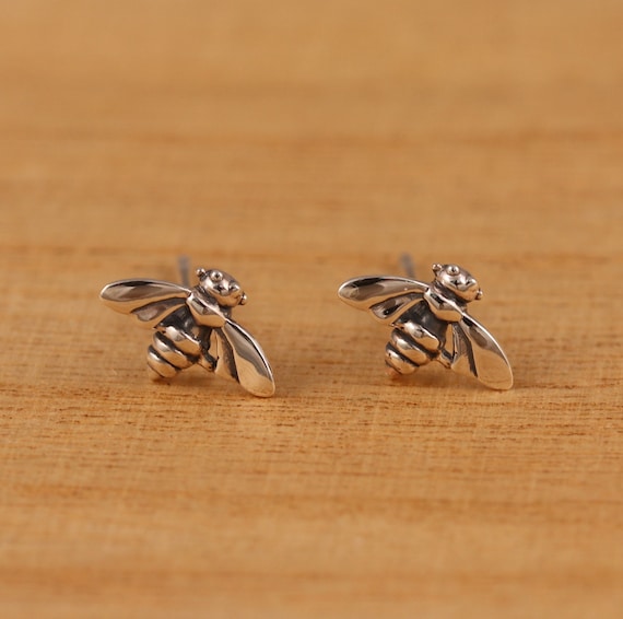 Honey Bumble Bee Stud Earrings Antiqued Sterling Silver Honey Bumble Bee Stud Earrings Antiqued Sterling Silver