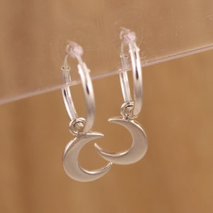 925 Sterling Silver Crescent Moon Charm Hoops Sleeper 12mm Diameter Earrings Gift Boxed