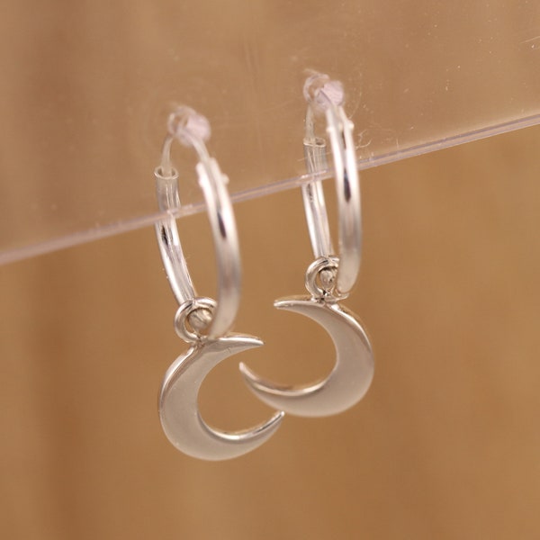 Solid 925 Sterling Silver Crescent Moon Charm Hoops Sleeper 12mm Diameter Earrings Gift Boxed