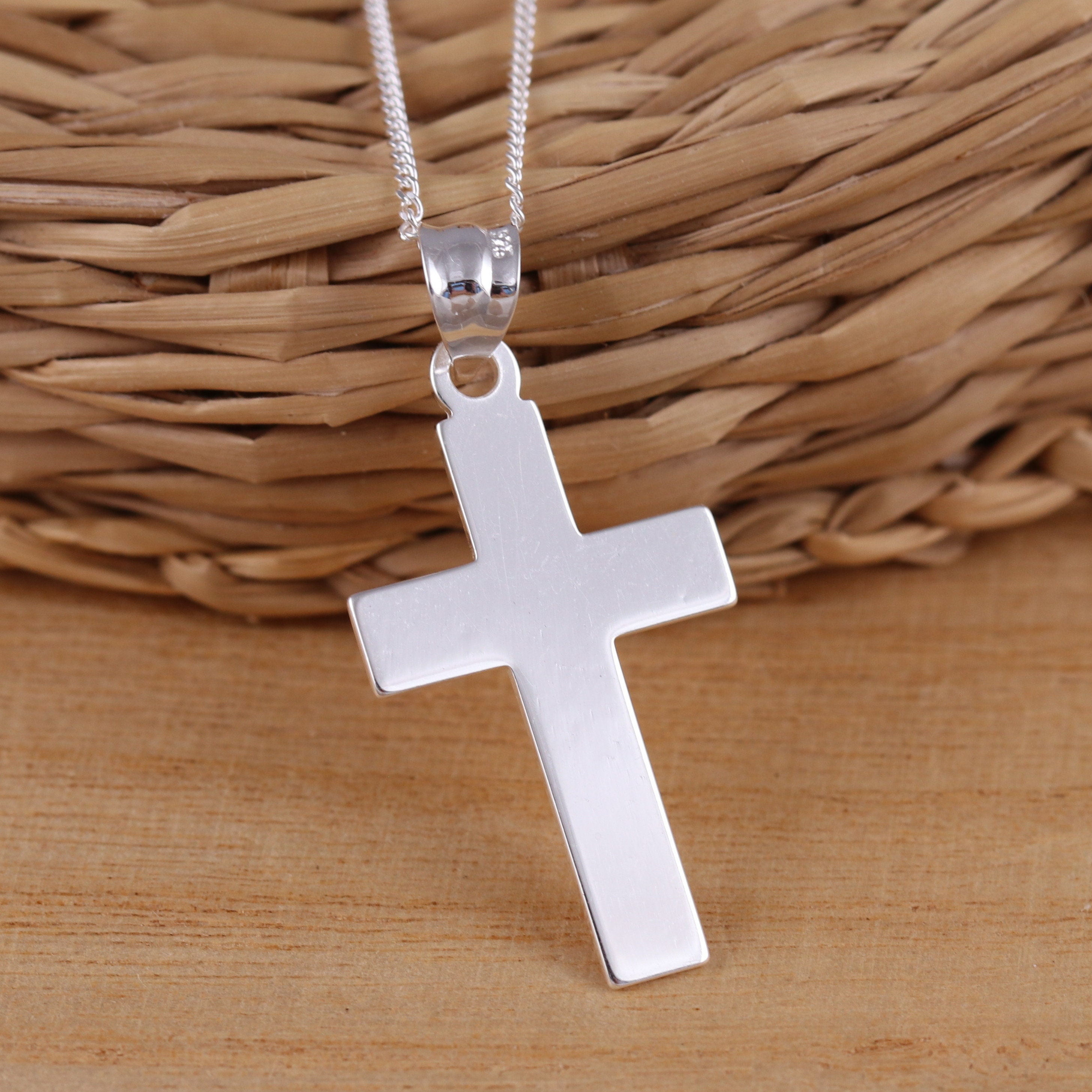 Solid 925 Sterling Silver Plain Cross Crucifix Pendant Curb Chain