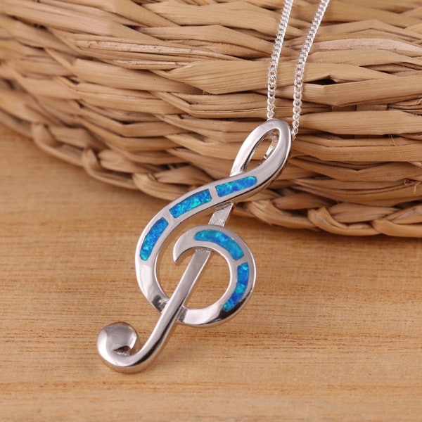 Solid 925 Sterling Silver Blue Opal Treble Clef Music Pendant Necklace Curb Chain 16-30 Inches Gift Boxed