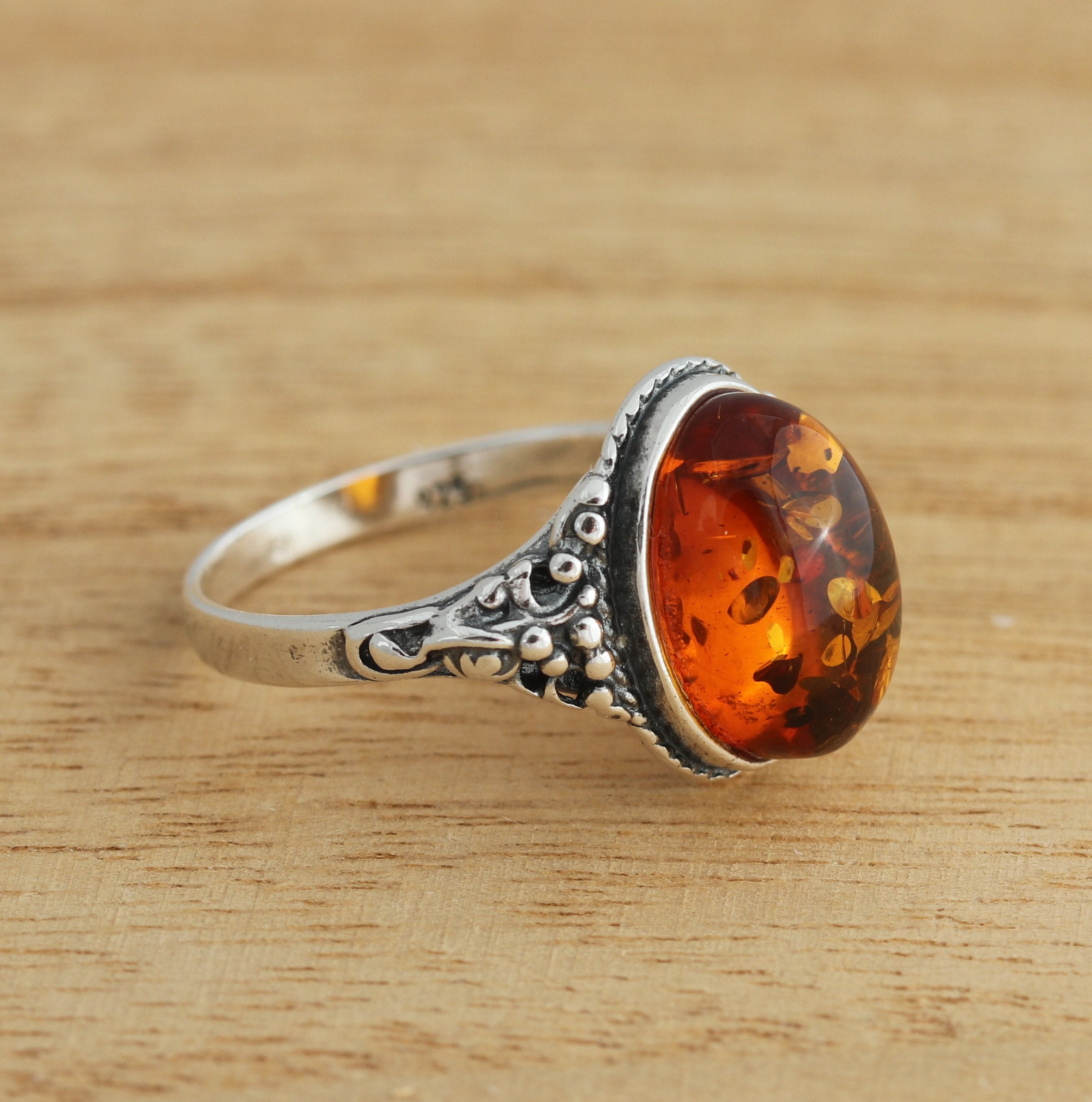 Cognac Baltic Amber 925 Sterling Silver Ring Genuine Amber Ring J-R Sizes Gift Boxed