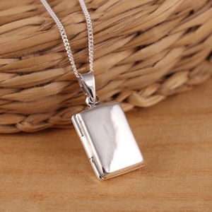 925 Sterling Silver Rectangular Photo Locket Plain Pendant Necklace Curb Chain Gift Boxed