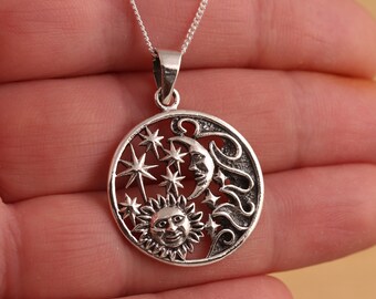 Ciondolo con volto di sole e luna in argento sterling 925 Ciondolo con volto di sole e luna in argento sterling 925