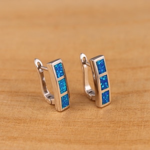 May include: A pair of silver-tone earrings with a rectangular design. Each earring features three blue opal-like inlays. The earrings are set against a light brown wooden surface.