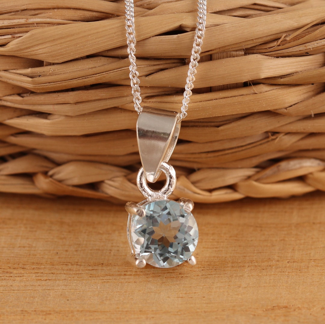 Natural Blue Topaz 925 Sterling Silver Dainty Pendant Necklace Curb ...