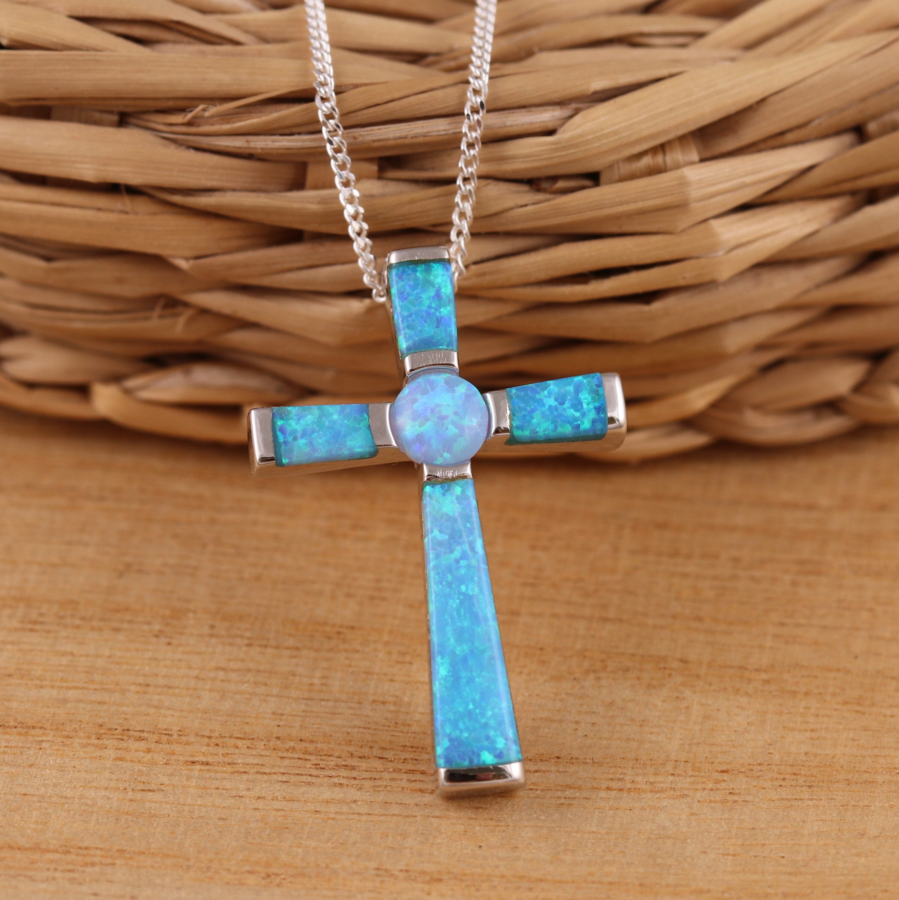 Solid 925 Sterling Silver Blue Opal Cross Pendant Necklace Curb
