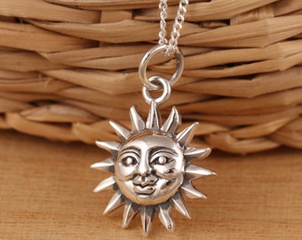 Solid 925 Sterling Silver Sun Pendant Necklace Curb Chain 16-30 Inches Gift Boxed