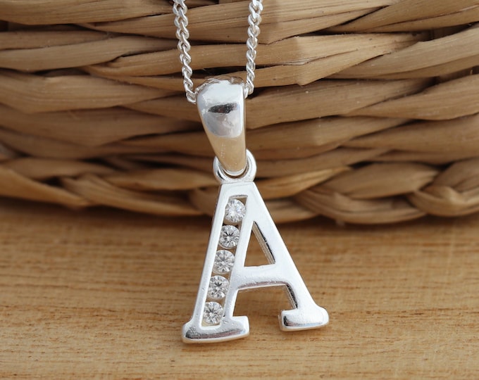 925 Sterling Silver CZ Letter Initial A-Z Alphabet Pendant Charm Necklace Curb Chain Boxed