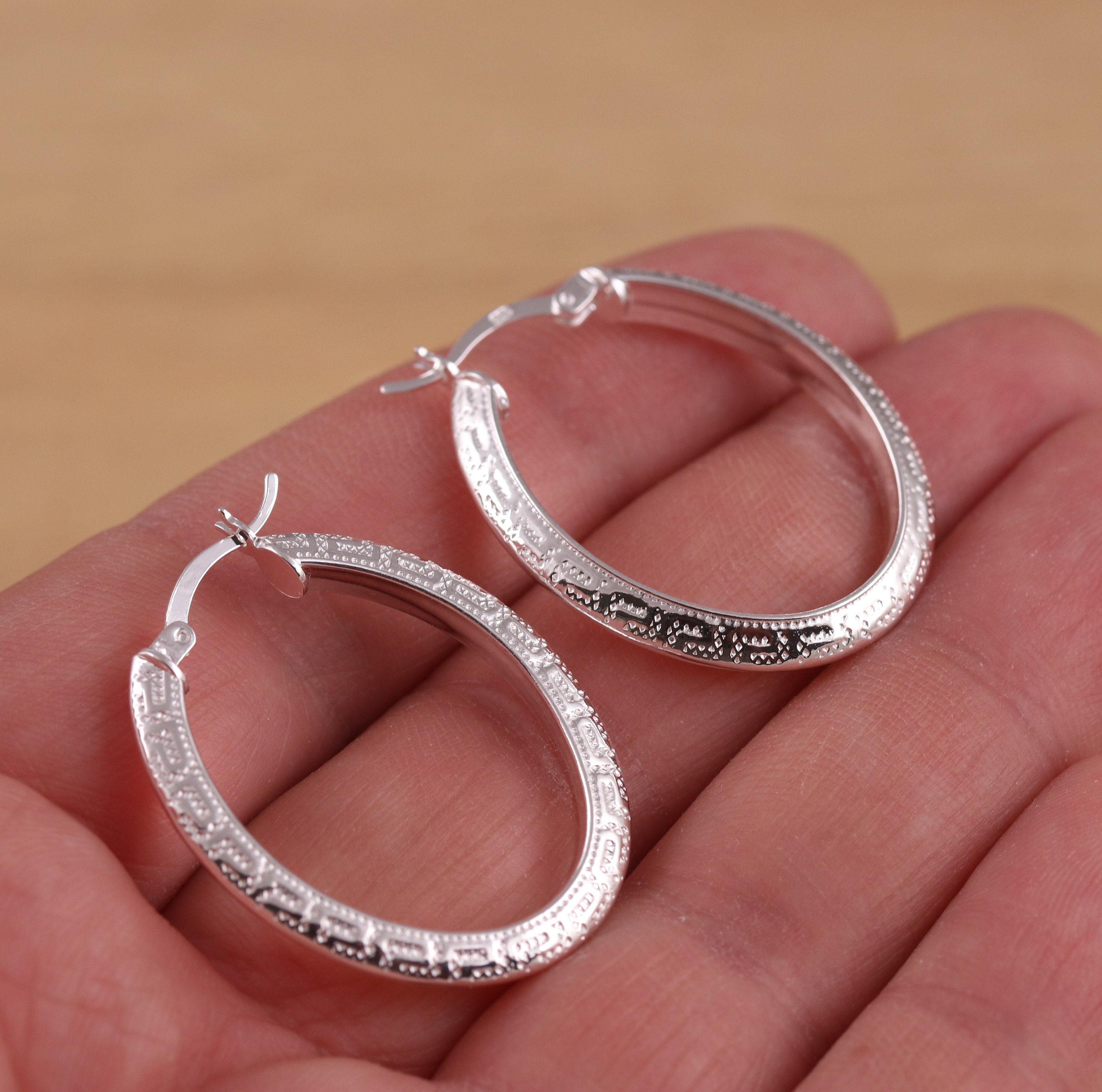 Orecchini A Cerchio Vintage Creolo Azteco Con Motivo Chiave Greca Vintage In Argento Sterling 925 ER 1782 - Italia - Foto 5