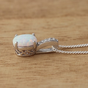 925 Sterling Silver Opal with Cubic Zirconia Dainty Pendant Necklace 18 Inch Gift Boxed
