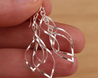925 Sterling Silver Twisted Triple Spiral Dangle Drop Dangly Earrings Gift Boxed