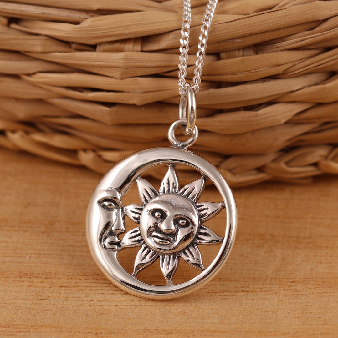 Solid 925 Sterling Silver Sun Moon Face Celestial Pendant Necklace Curb ...