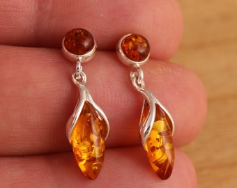 Natural Baltic Amber 925 Sterling Silver Dangle Drop Earrings Gift Boxed