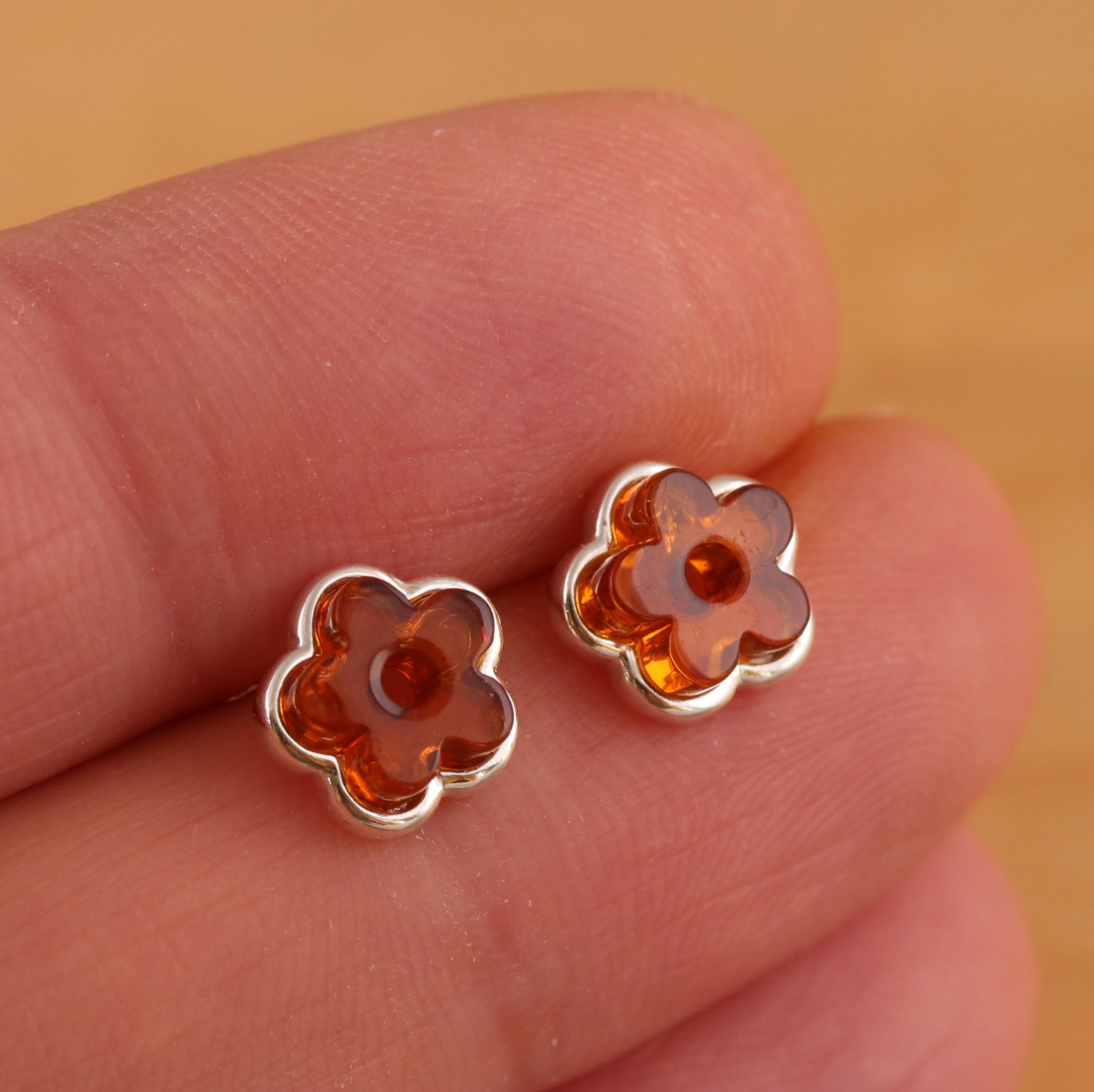 Boucles d'oreilles ambre et argent Fleur