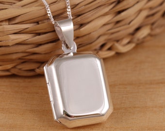 Solid 925 Sterling Silver Large Rectangular Plain Photo Locket Pendant Necklace Curb Chain Gift Boxed