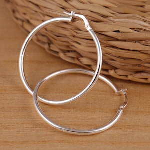 Solid 925 Sterling Silver Plain Hoop Earrings 35mm Large Classic Hoop Gift Boxed