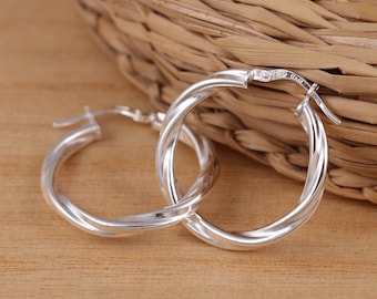 Solid 925 Sterling Silver Twisted Rope Huggie Hoops Creole Earrings 25mm Diameter Gift Boxed