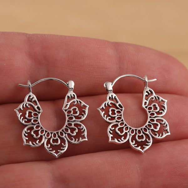 Solid 925 Sterling Silver Tribal Hoops Filigree Lotus Leaf Ethnic Marrakesh Hoops Earrings Gift Boxed