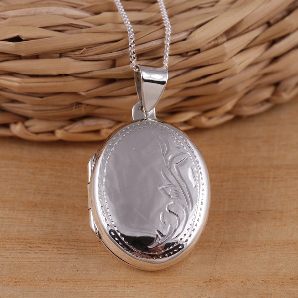 Solide 925 Argent Sterling Grand Ovale Gravé Photo Médaillon Pendentif Collier Curb Chain 16- 30 pouces Coffret Cadeau