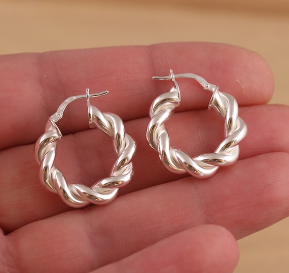 Solid 925 Sterling Silver Twisted Rope Huggie Hoops Earrings
