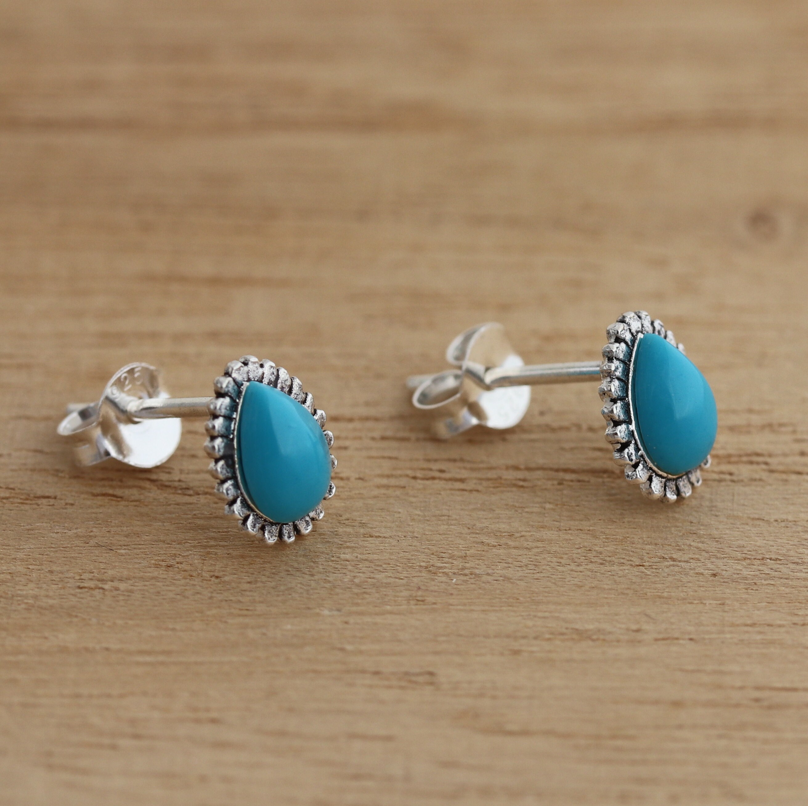 925 Sterling Silver Created Blue Turquoise Teardrop Post Stud Earrings Drop