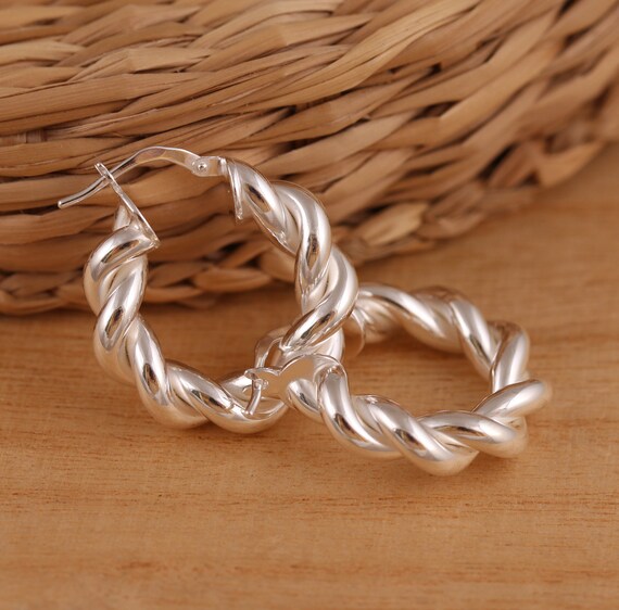 Solid 925 Sterling Silver Twisted Rope Huggie Hoops Earrings