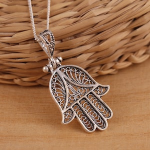 Massief 925 sterling zilver filigraan Hamsa-hand van Fatima hanger geluk charme Curb Chain 16-30 inch geschenkdoos