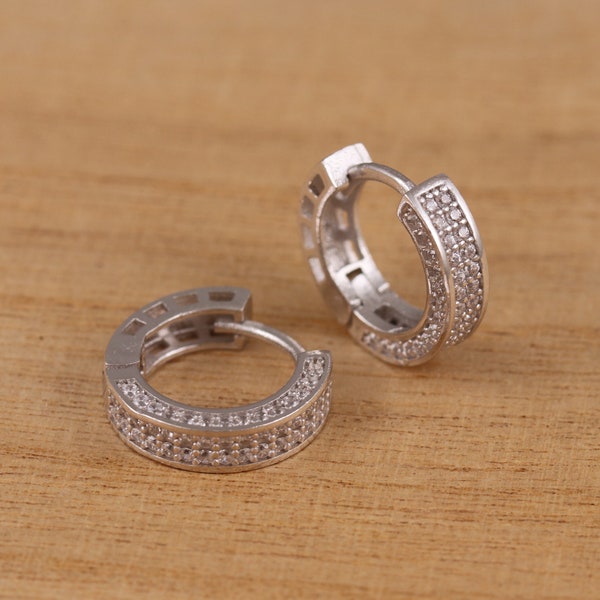 Solid 925 Sterling Silver Huggie Hoops Earrings with Cubic Zirconia  15mm x 4mm Gift Boxed