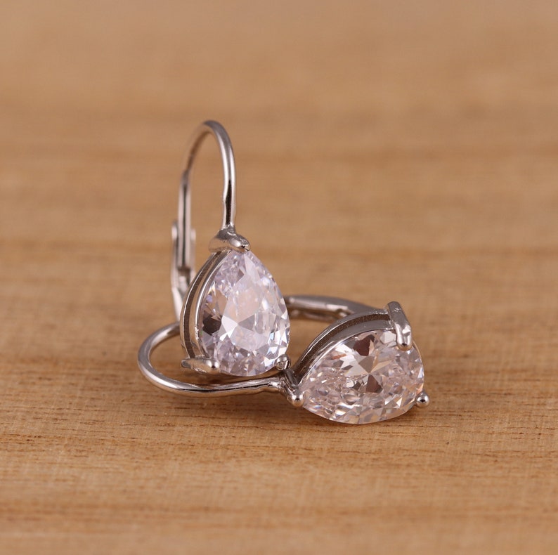 Solid 925 Sterling Silver Teardrop Pear Cut Cubic Zirconia Hoop Earrings Gift Boxed image 1